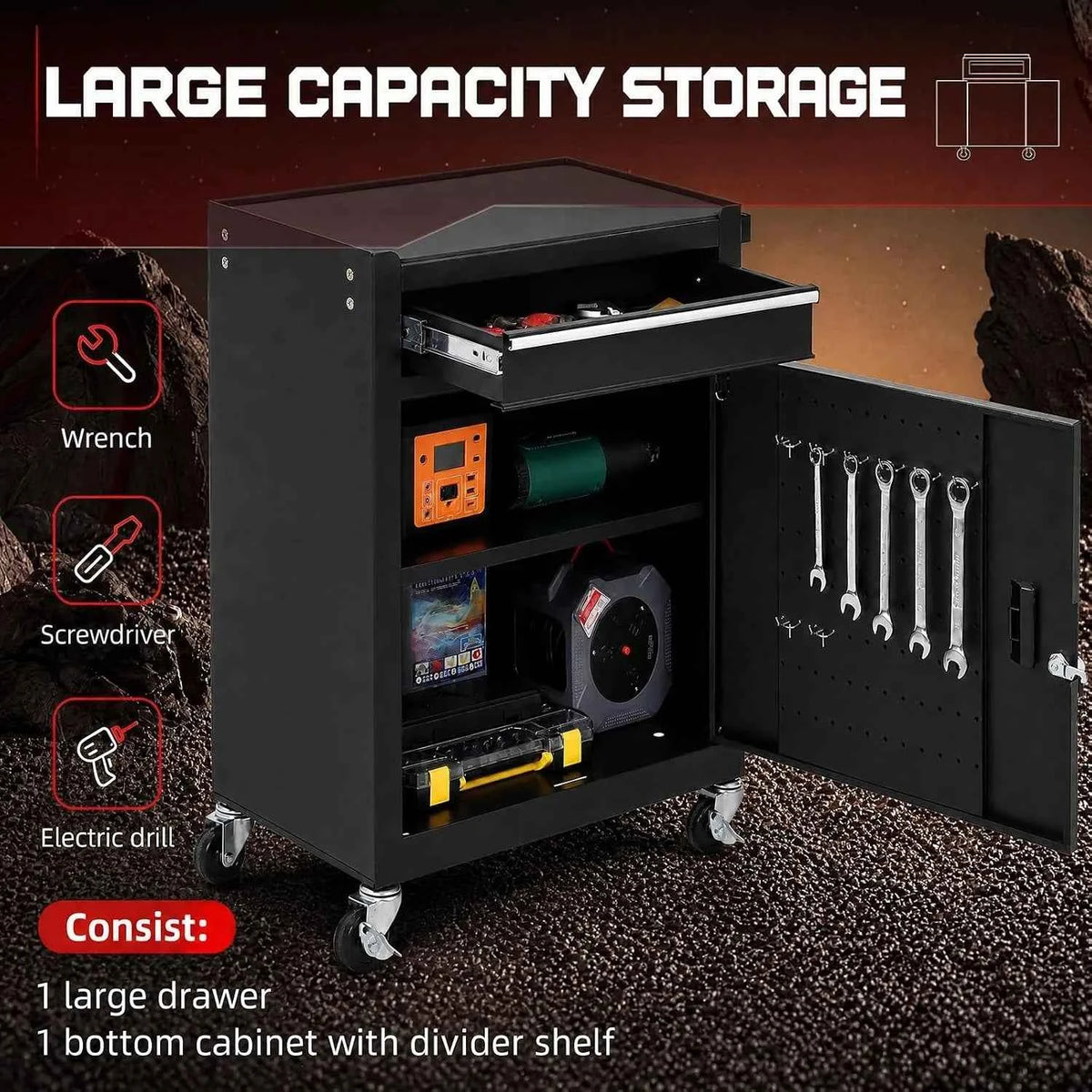 5 Drawer Rolling Tool Cabinet with Lockable Detachable Tool Box, Steel Tool Storage Organizer with Swivel Wheels,