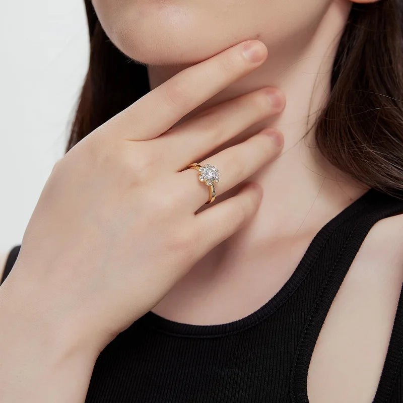 3CT Flower Shaped CZ Engagement Ring for Women, 18K Yellow Gold Plated Floral Solitaire Wedding Promise Band, Luxury Fine Jewelry for Anniversary & Holiday Gifts