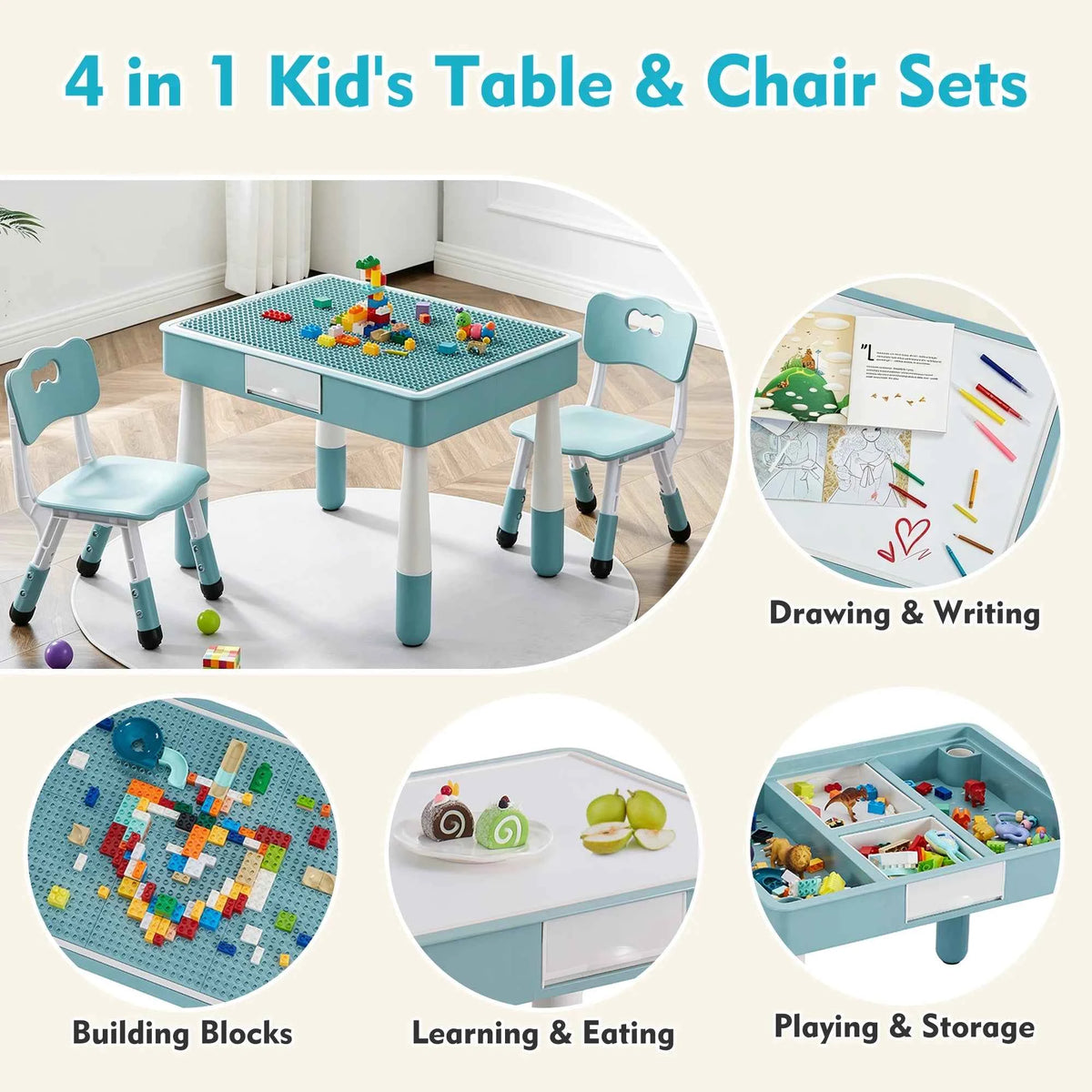 Kids 4 in 1 Table And 2 Chairs Set with Storage Toddler Desk And Chair Combo for Ages 3-10 Graffiti & Building Blocks Double-Sided. Grayish Blue