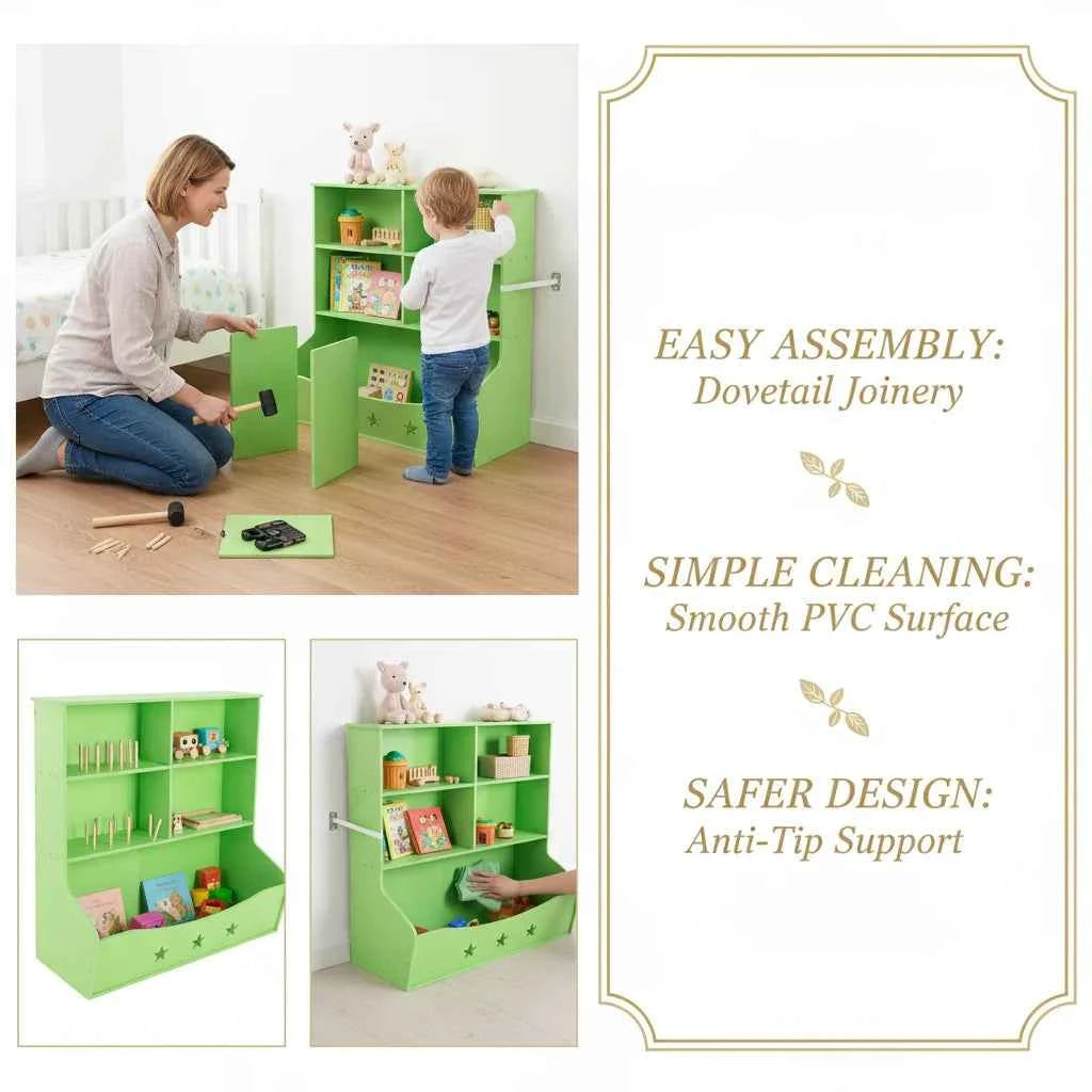 3-Layer Light Green PVC Board Kids Bookcase, Children's Open Shelf Storage for Bedroom or Playroom, Star Pattern 3-Tier Book Display with Bottom Space, Anti-Tip Freestanding Book Shelf for Home, 79x36.5x82.5cm