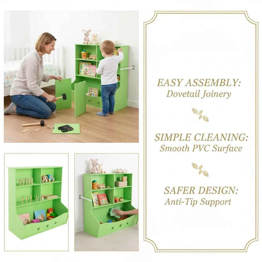 3-Layer Light Green PVC Board Kids Bookcase, Children's Open Shelf Storage for Bedroom or Playroom, Star Pattern 3-Tier Book Display with Bottom Space, Anti-Tip Freestanding Book Shelf for Home, 79x36.5x82.5cm