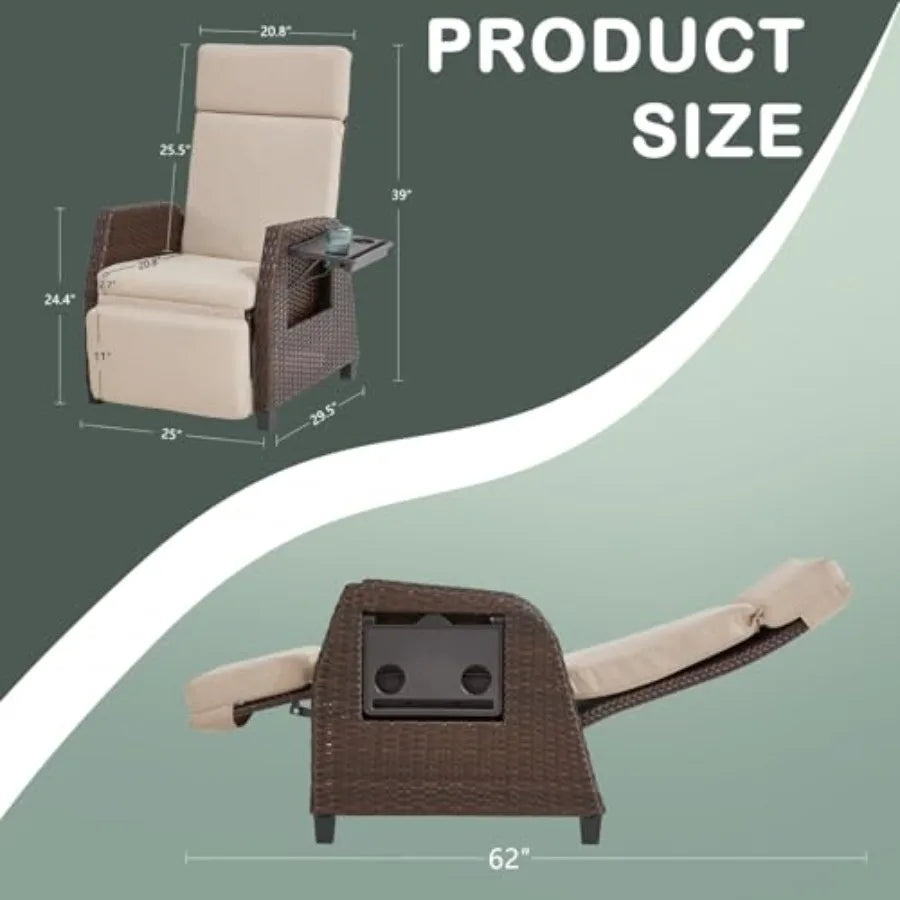 Outdoor Patio Recliner Chair.  180° Reclining Patio Chairs with Adjustable Backrest and Flip-Up Table.  Rattan Reclining Lounge Chairs