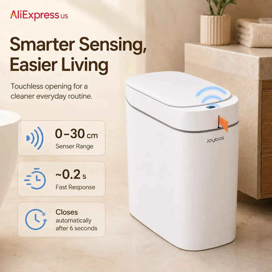 Joybos Smart Trash Can with Auto-Lining, Touchless Sensor Garbage Bin + Free Drawstring Bags, No-Mess Pull & Lift Wastebasket
