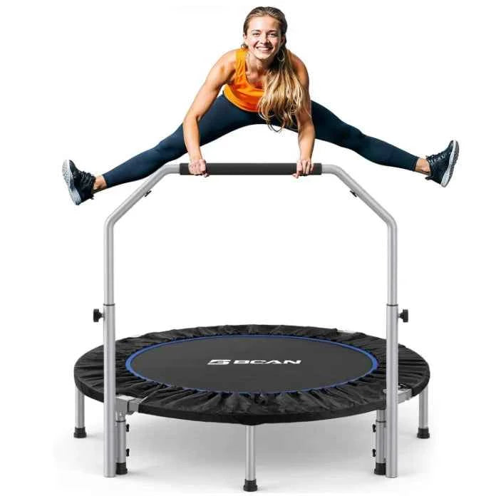 40/48“ Foldable Mini Trampoline with Adjustable Foam Handle. Fitness Rebounder for Adults Max Load 440 Lbs