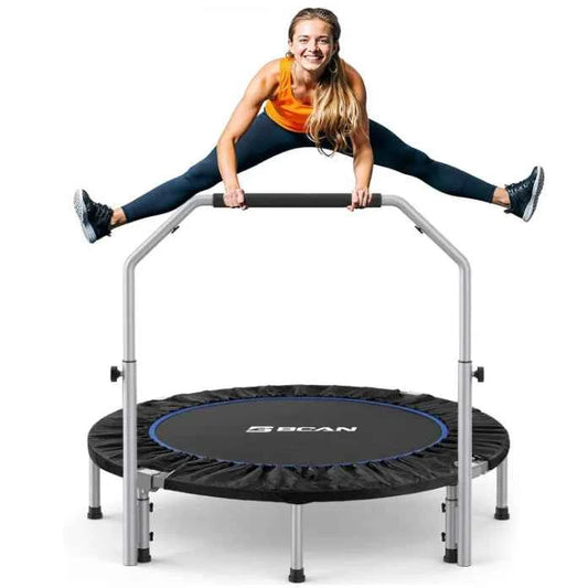 40/48“ Foldable Mini Trampoline with Adjustable Foam Handle. Fitness Rebounder for Adults Max Load 440 Lbs