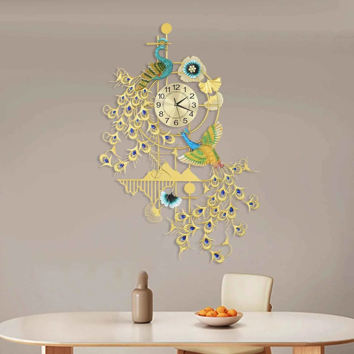 Large 80x120cm Peacock Wall Clock. Silent Quartz. Decorative Gold & Blue Rhinestone Resin Iron. Modern Art