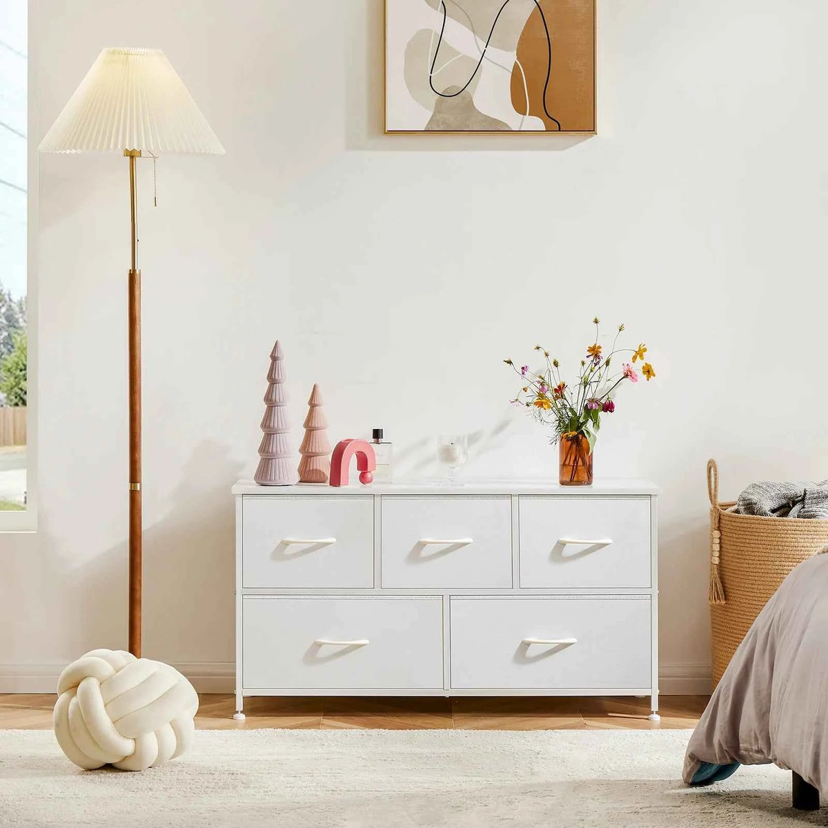 MCQ 5 Drawer Furniture. Wide Fabric Storage Tower with Wooden Top and Metal Frame