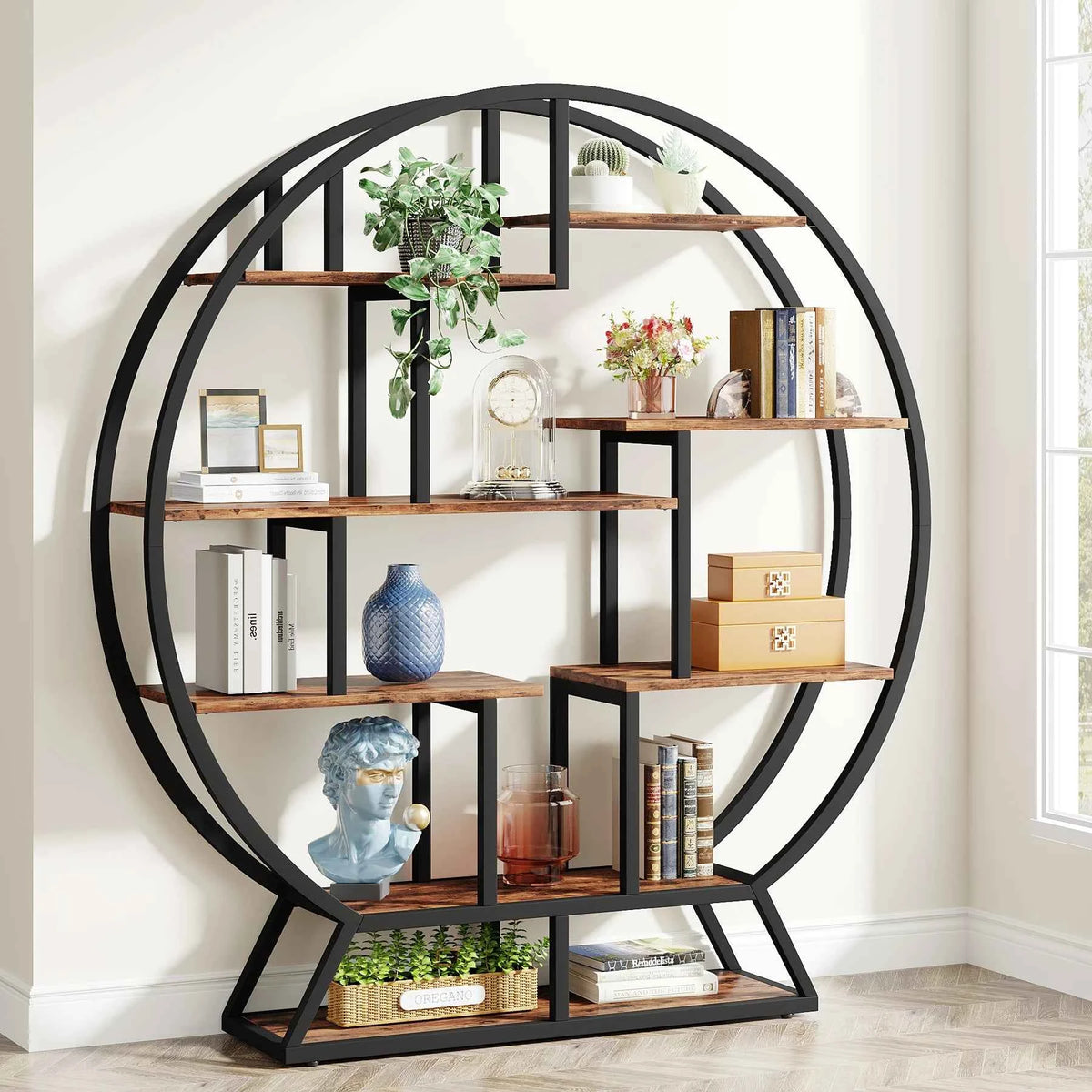 Etagere Bookcase, 63-Inch Industrial Wood Book Shelf with Staggered Shelves