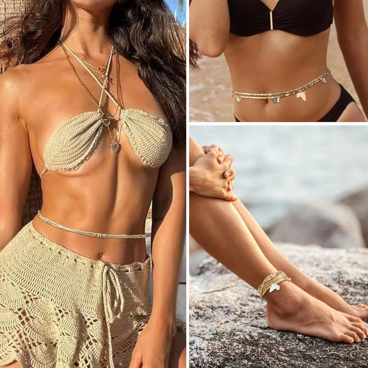 6Pcs Waist Beads For Women, Belly Chain, Elastic Bead. Summer Body Chain, Bikini Jewelry for  Women