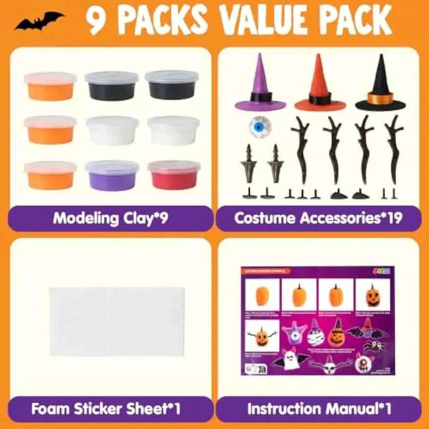 Halloween Craft Air Dry Clay Kit. 9 Packs Modeling Clay DIY Make Characters Kit. Ultra Light and Soft for Halloween Arts and Craft Activities.