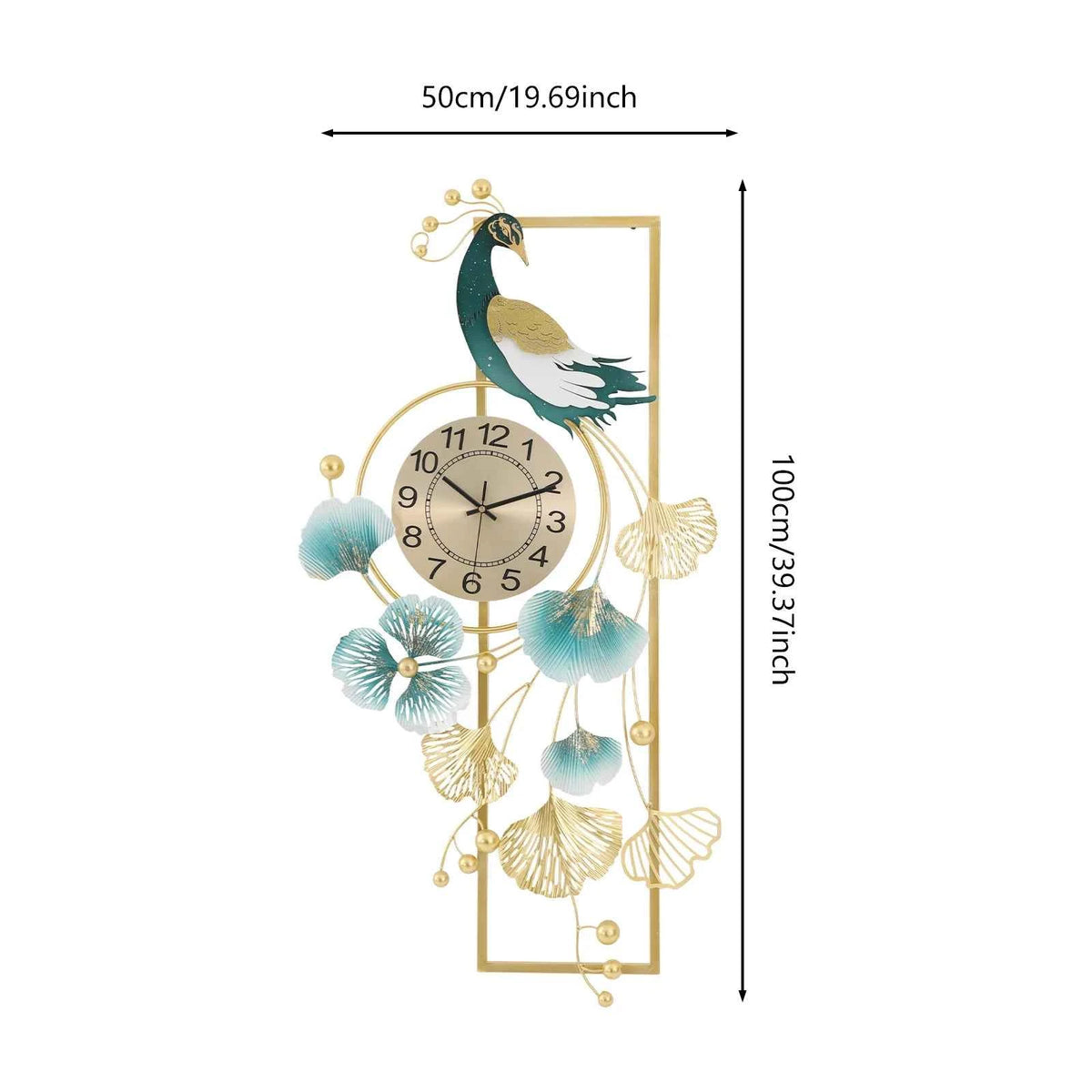 Peacock & Ginkgo Leaves Wall Clock 100x50cm, Modern Metal Wall Decor with Silent Sweep Movement, Decorative Art Clock, Gold
