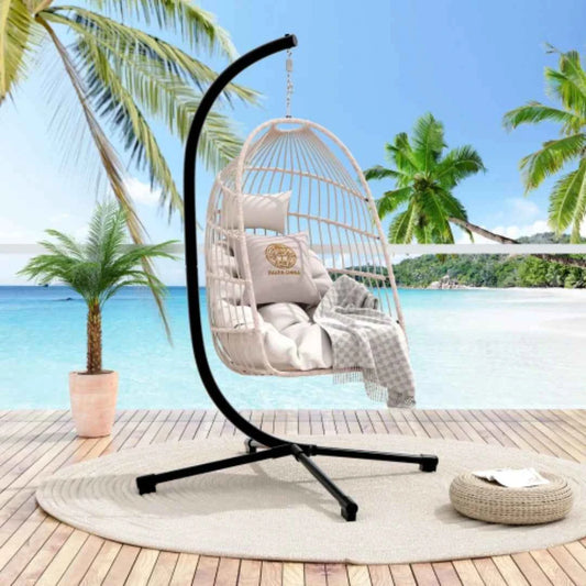 Outdoor Egg Chair with Stand, 350 Lbs Wicker Patio Hanging Chair, Folding Swing Hammock Chair with Cushion for Indoor, Porch, Garden