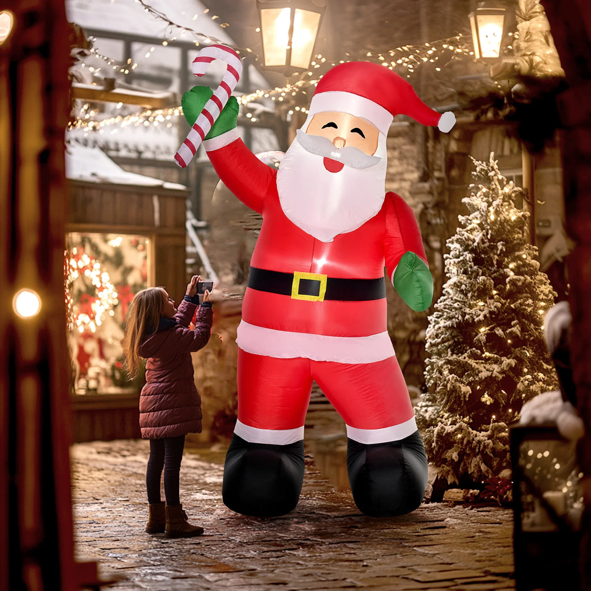 8 ft. Christmas Inflatable Santa Claus with Candy Cane. Outdoor Light Up LED