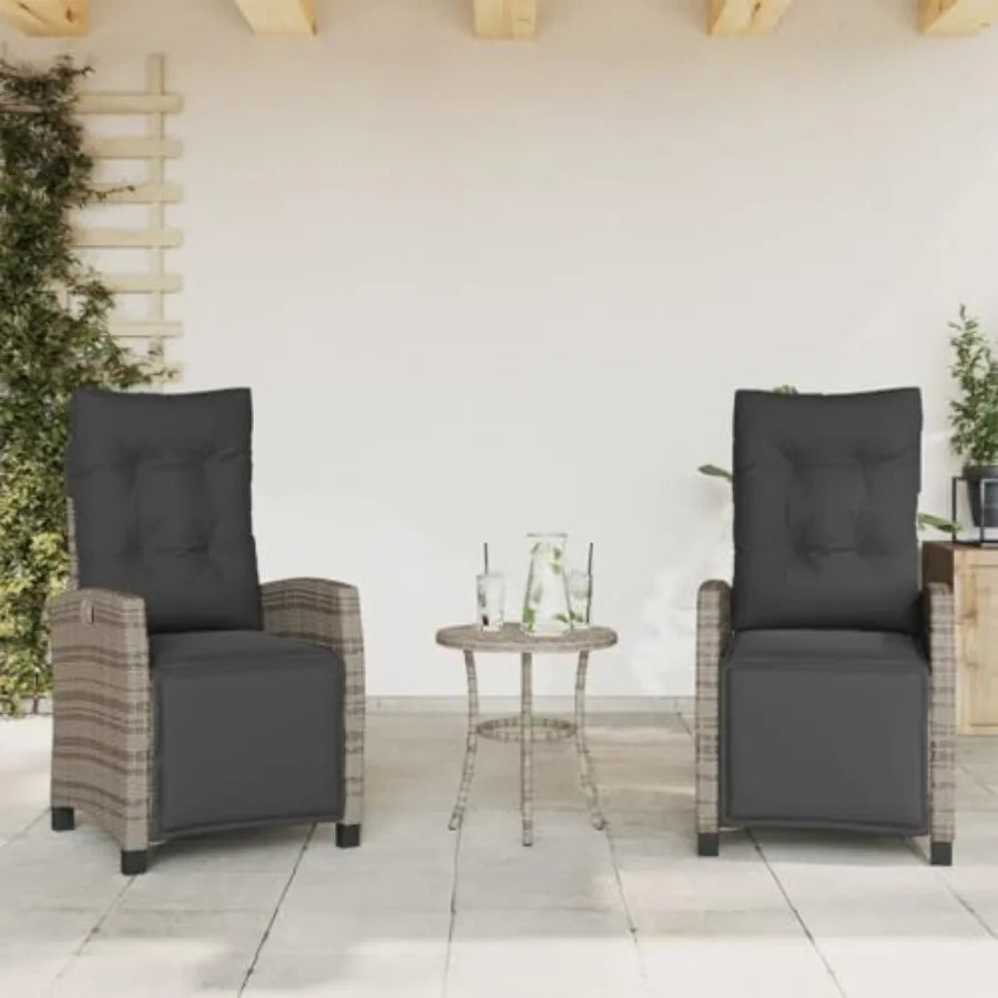 Reclining Patio Chairs 2 Pcs - Gray PE Rattan.  Adjustable Backrest and Footrest Cushions. Powder-Coated Steel Frame 22.4"x26"x36.