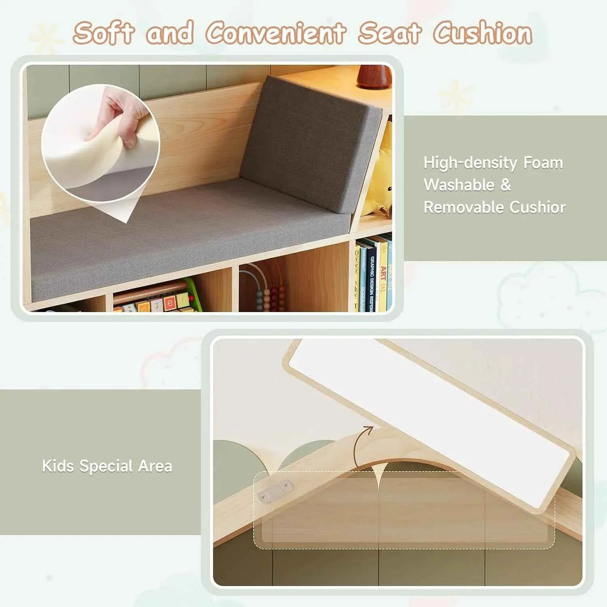 Kids Bookshelf with Reading Nook, Toy Storage Organizer