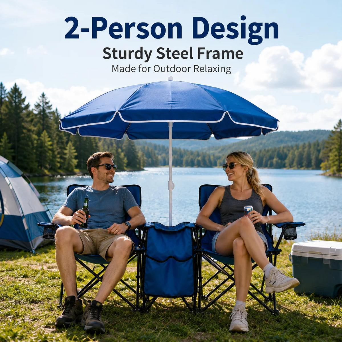 2 Person Folding Camping Chair Set with Umbrella, Cup Holders, Built in Cooler. Portable Outdoor Double Chair set