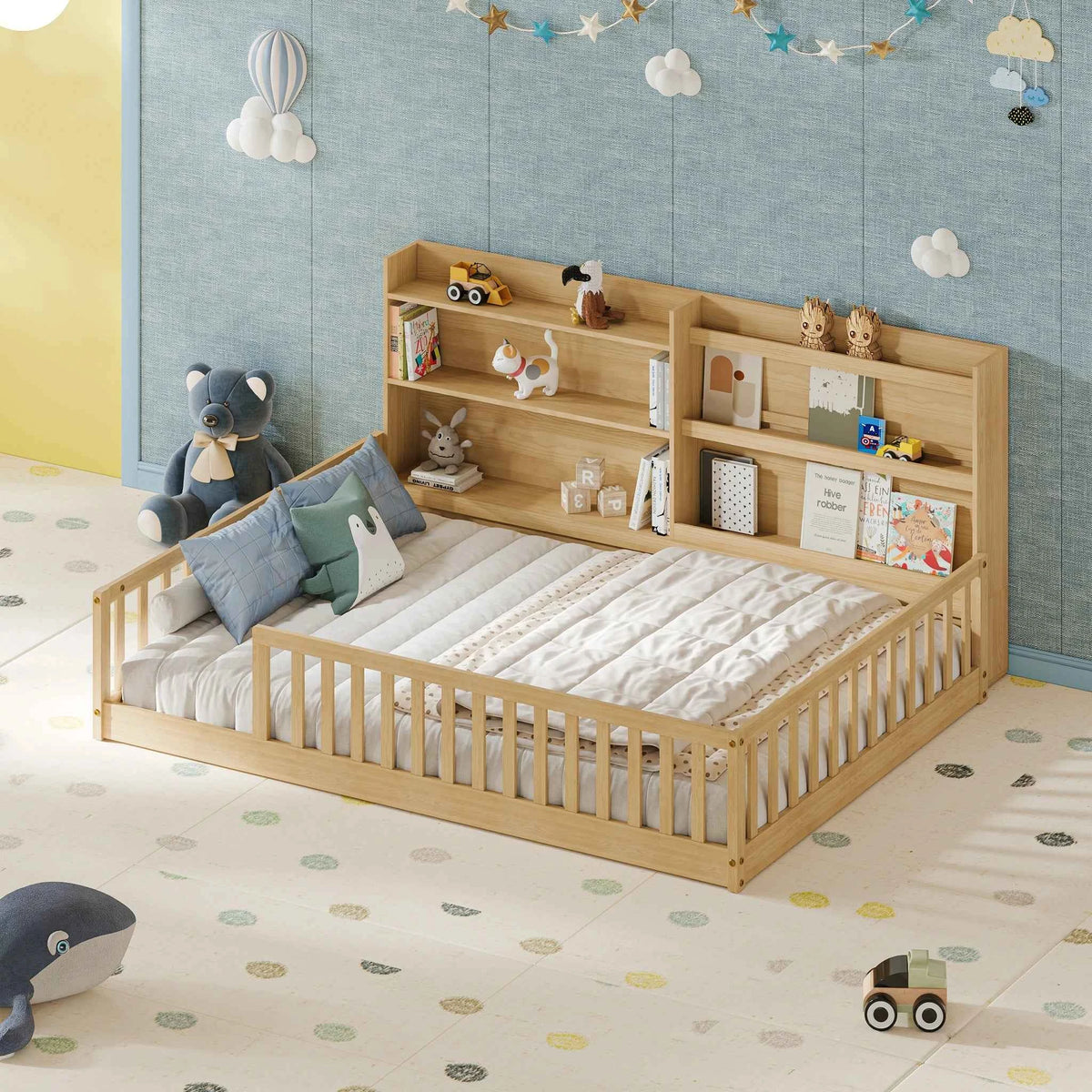 Full Size Floor Bed with Bookshelf & Safety Rails, Solid Pine Wood  Bed Frame, Low-to-Ground  for Kids or Toddler Bed with Wide Entrance, Natural