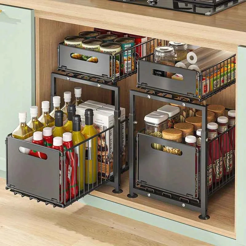 2 Tier Slide Out Cabinet Organizer Heavy Duty, Adjustable Metal Shelf 1/2 Pack