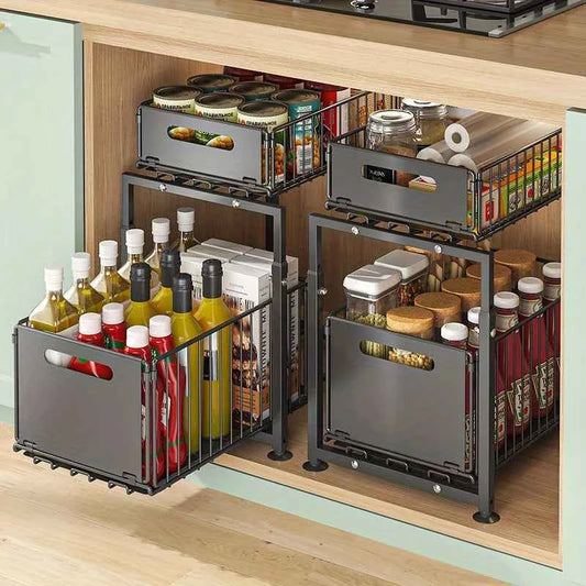 2 Tier Slide Out Cabinet Organizer Heavy Duty, Adjustable Metal Shelf 1/2 Pack