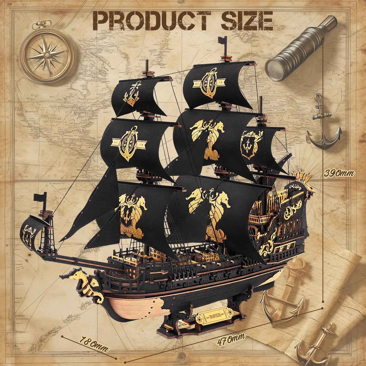 ROKR Seahorse Barque Wooden 3D Puzzle. 1:100 Scale DIY Sailboat Model Building Kit. 603 Pieces Brain Teasers Jigsaw Toy for Adults,  Boys