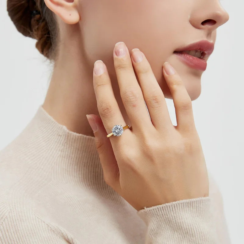 Classic Cubic Zirconia Ring with 18K Yellow Gold Plated Modern Six-Prong Halo Design,1/2/3/4CT for Women. Luxury Elegant Wedding, Anniversary Party. Lady Accessories Fashion Jewelry