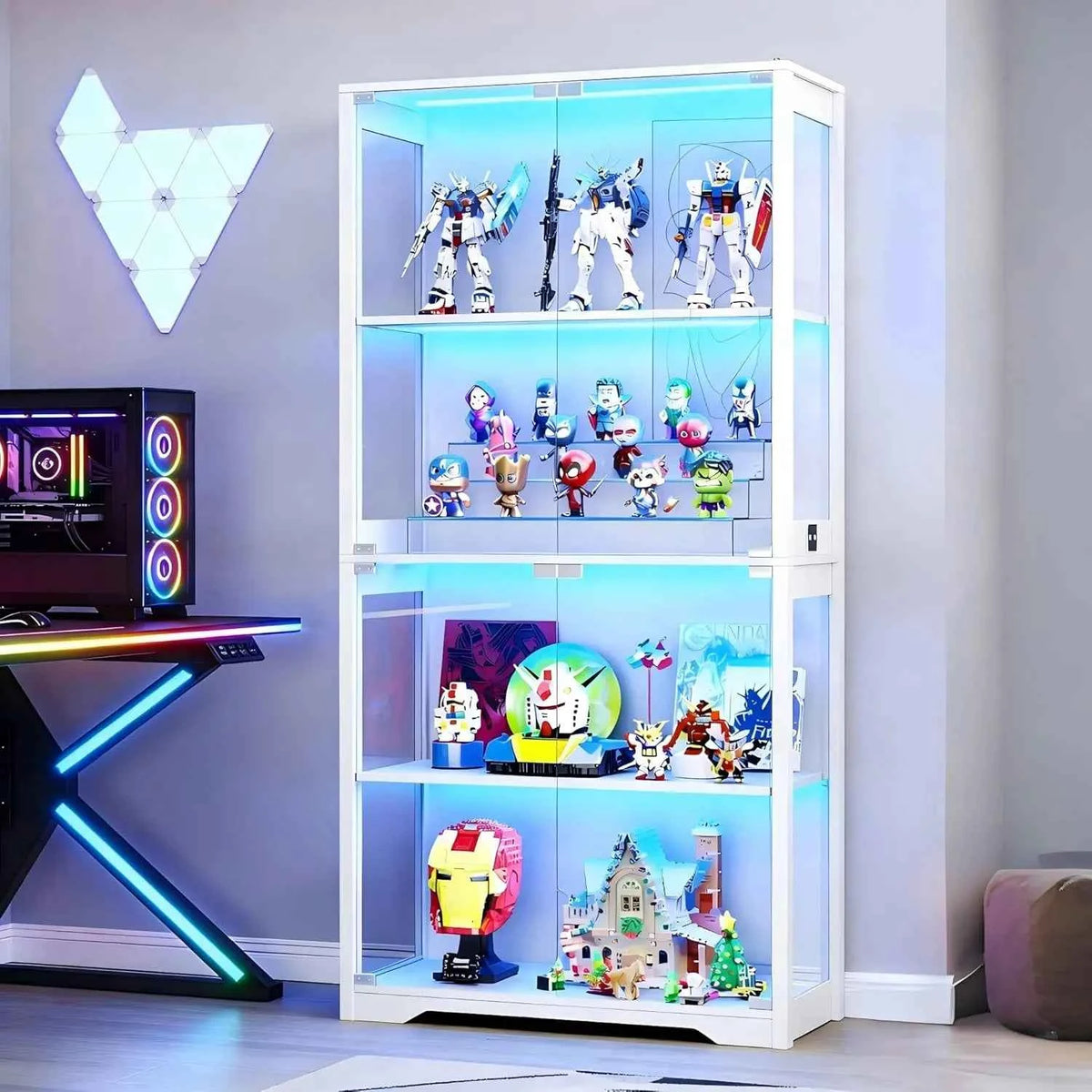 Display Cabinet with Glass Doors, Curio Cabinet with 3 LED Lights and Human Body Sensor, Bookcase with 4 Shelves, Customized