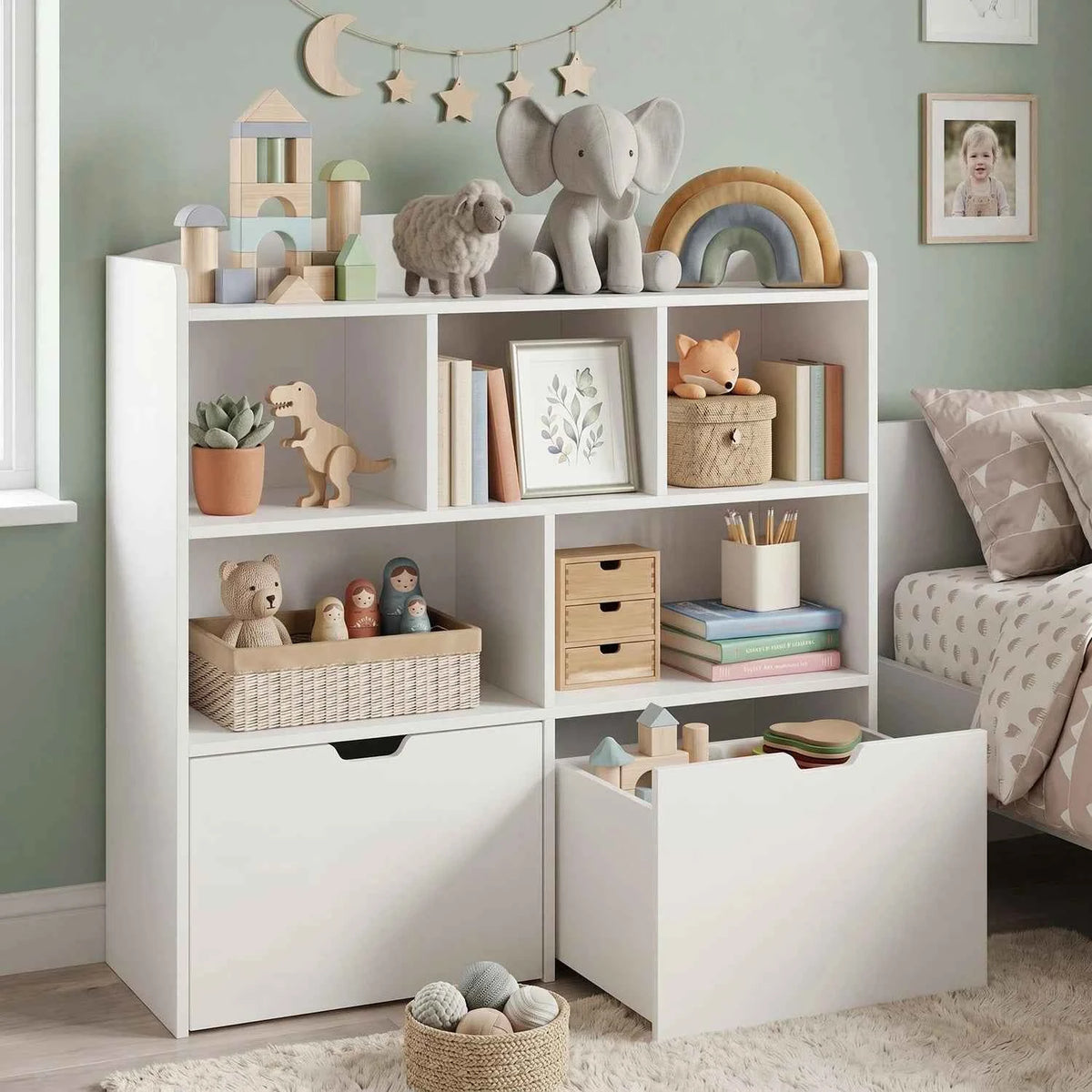 Toy Storage Organizer With 2 Rolling Drawers, Kids Bookshelf With 5 Open Cubbies, Storage Cabinet For Playroom, Bedroom And Nursery