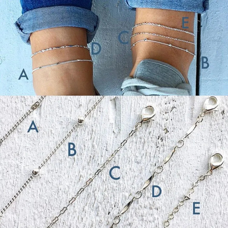 5 Pcs /set Silver plated Stainless Steel Anklet for women, men. Summer Beach Bracelet Accessories.