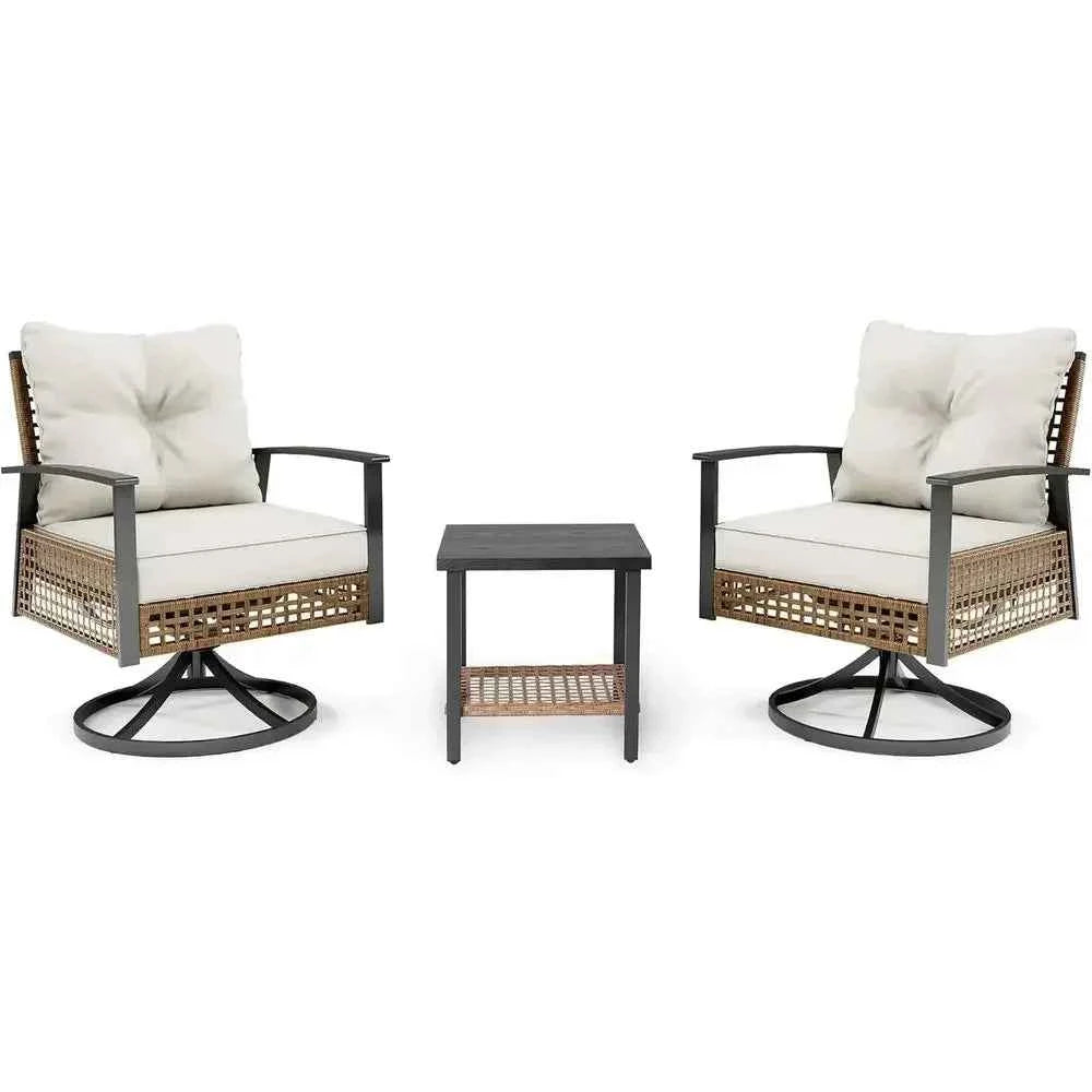2-Piece Outdoor Swivel Rocking Wicker Patio Set with Cushions for Backyard (Beige)