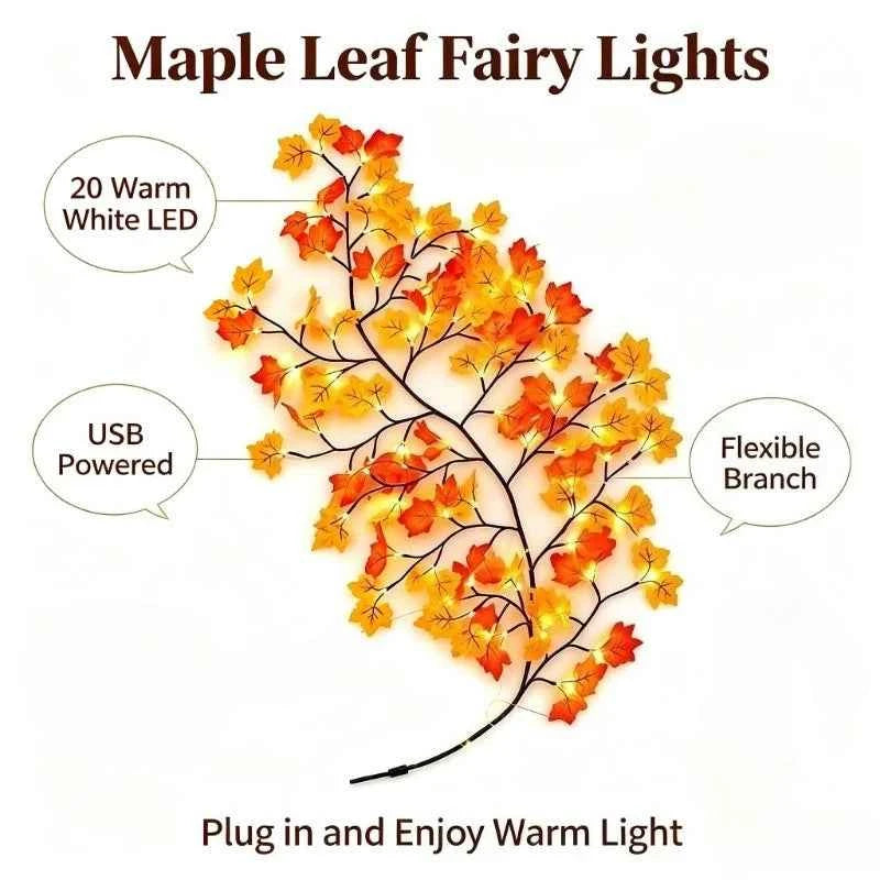 Thanksgiving Autumn Maple Leaf Vine Wall Light, Flexible Branch, LED Fairy String Light Fall Maple Garland Lamps.