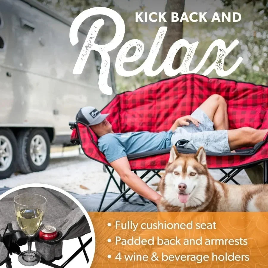 Outdoor double camping chair for glamping and sports: Sierra/Black fabric, lightweight aluminum frame, portable with carry bag,