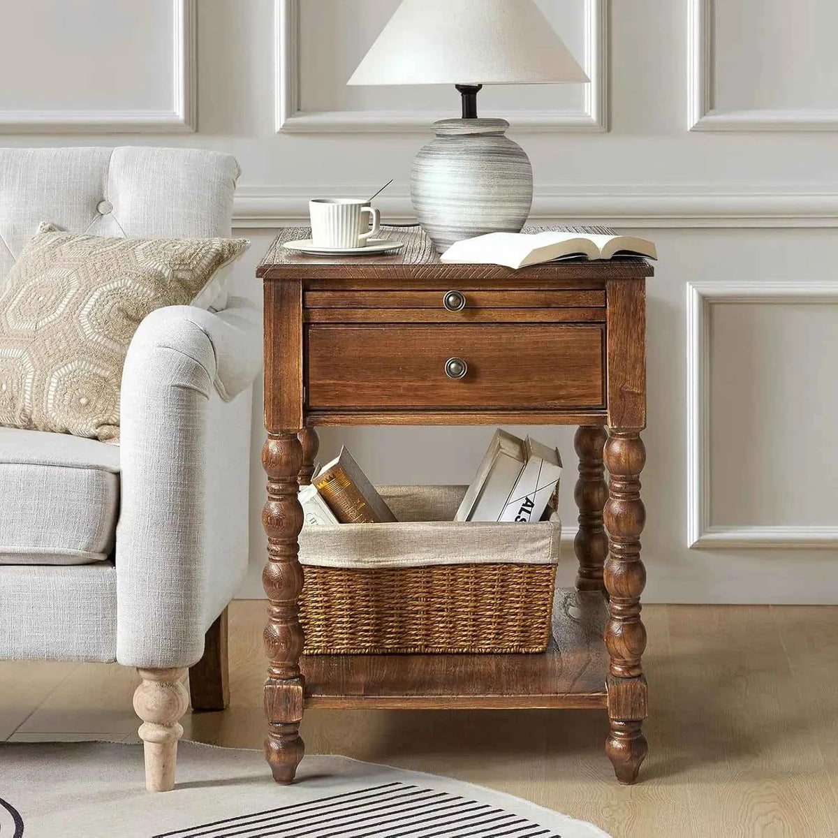Solid Wood Spindle Nightstand with Charging Station, Drawer, Shelf, and Pull-Out Side Table. Customized Bedroom Furniture