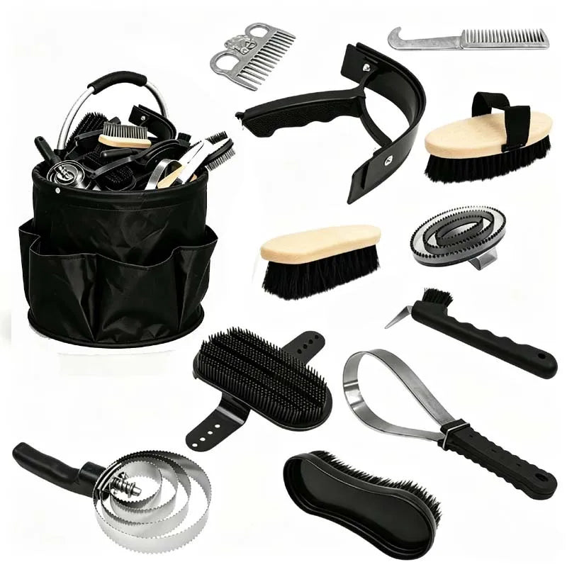 12 PCS Horse Grooming Kit, Large Capacity Foldable Storage Bucket, Horse Brush, Comb, Sweat Scraper, Hoof Pick Set for Care Cleaning