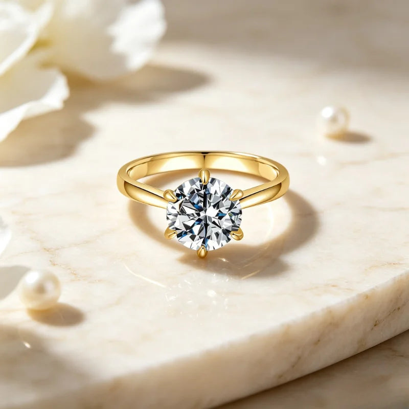 Classic Cubic Zirconia Ring with 18K Yellow Gold Plated Modern Six-Prong Halo Design,1/2/3/4CT for Women. Luxury Elegant Wedding, Anniversary Party. Lady Accessories Fashion Jewelry