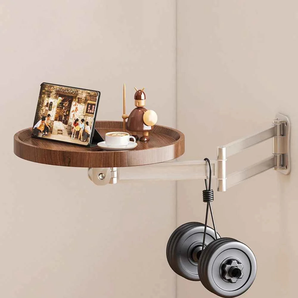 Adjustable Foldable Wall Mounted Round Wooden Side Table. Rotatable Swing Arm. Space Saving Fold Down Wall Shelf