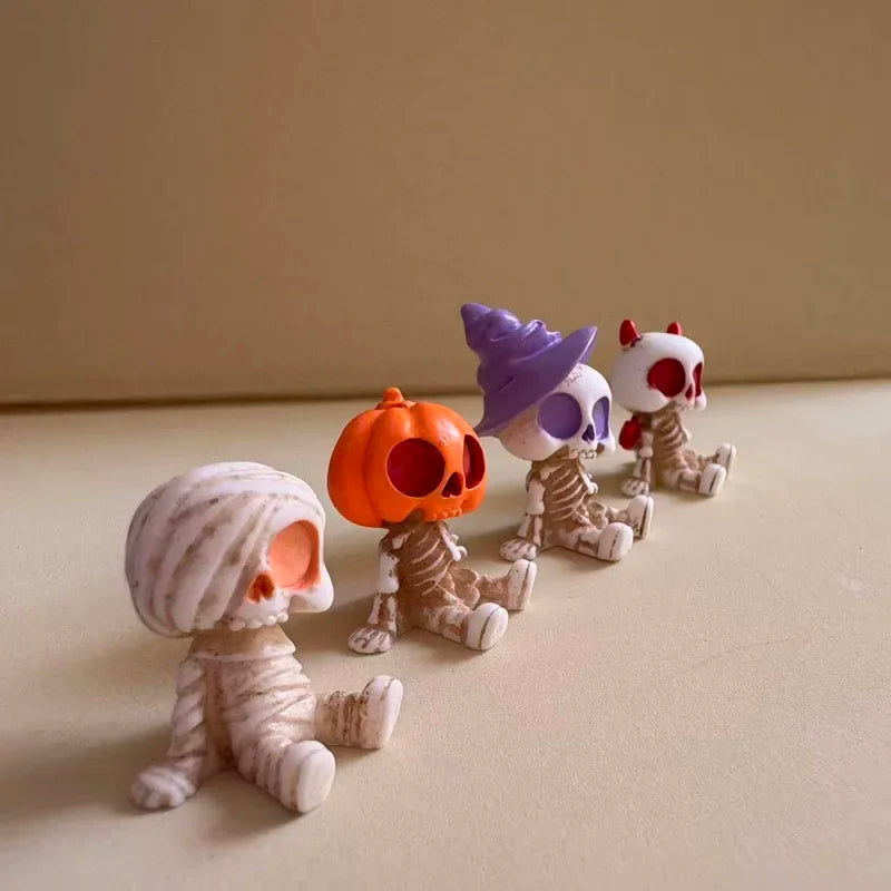 4Pcs Halloween Mini Figurines Set, Spooky Resin Decor with Pumpkins Ghosts Skulls.