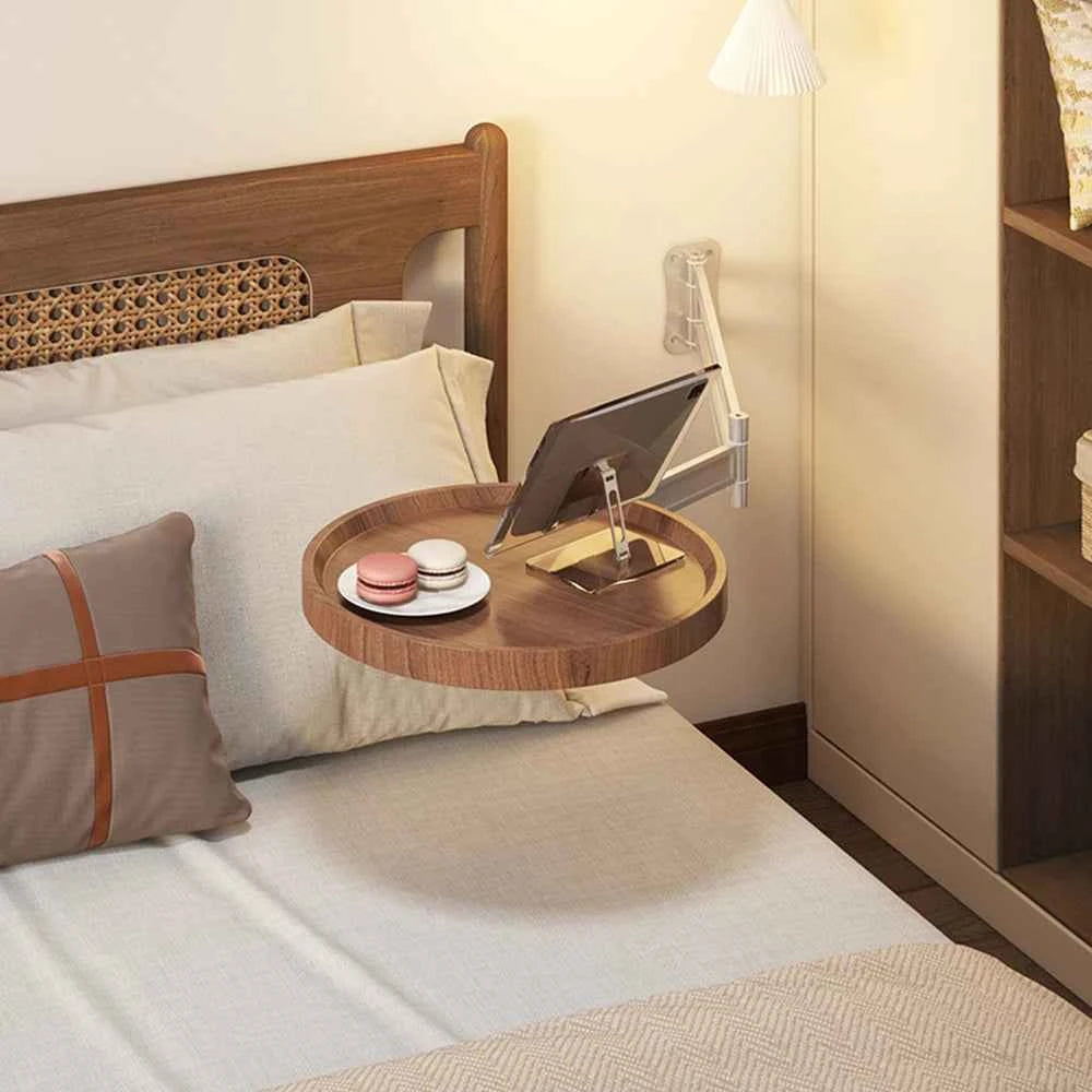 Adjustable Foldable Wall Mounted Round Wooden Side Table. Rotatable Swing Arm. Space Saving Fold Down Wall Shelf