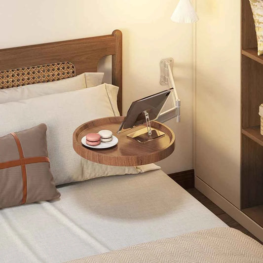 Adjustable Foldable Wall Mounted Round Wooden Side Table. Rotatable Swing Arm. Space Saving Fold Down Wall Shelf