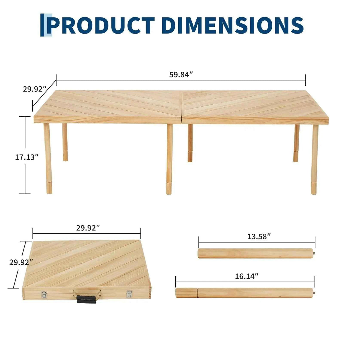 44/60in Solid Wood Portable Folding Picnic Table, Adjustable Height.  Low Table With Carry Handle, Compact Outdoor Table