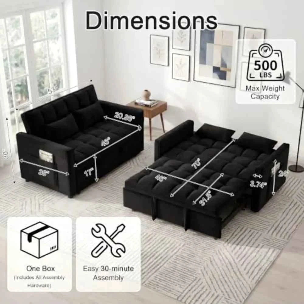 3 in 1 Convertible Sleeper Sofa Bed, 54'' Full Size Velvet Pull Out Futon Couch. With Reclining Backrest & 2 Pillows