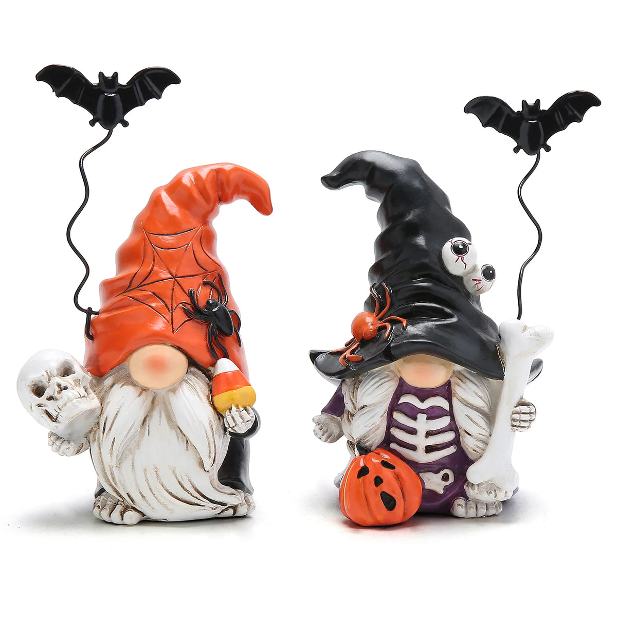 Hodao Resin Halloween Gnome Figurine Set, 2-Piece Pumpkin and Witch Gnome Decor with Spring-Loaded Flying Bat Topper, Skeleton Chest, Skull, Pumpkin and Candy Corn Details, Cute Creepy Hand-Painted Tabletop Ornament