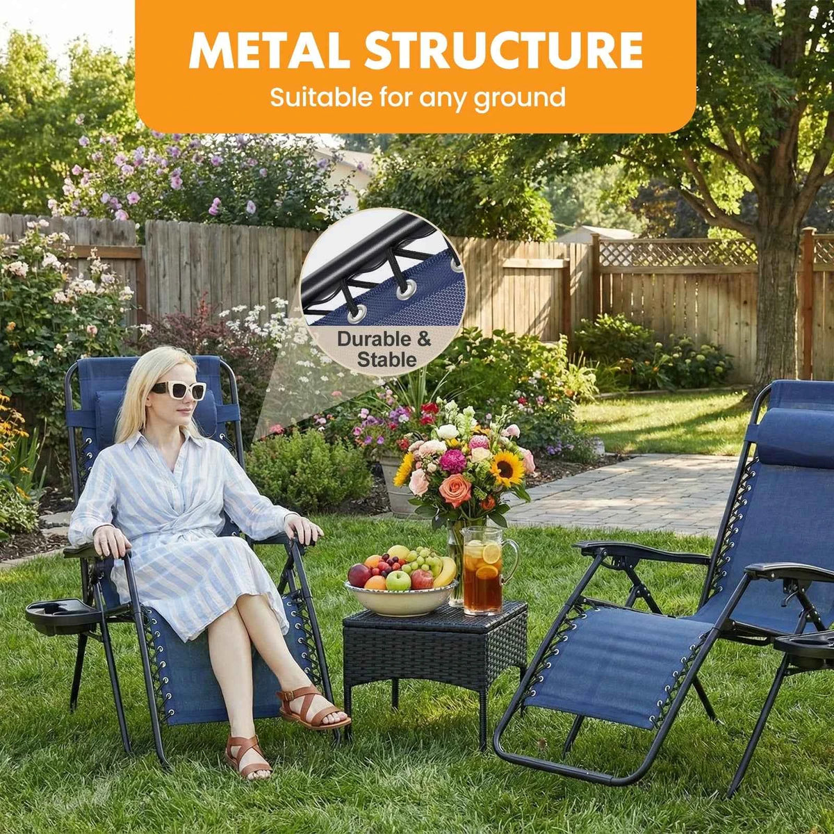 MCQ Outdoor Zero Gravity Chairs Set of 2. Folding Recliner with Cup Holder and Adjustable Pillow
