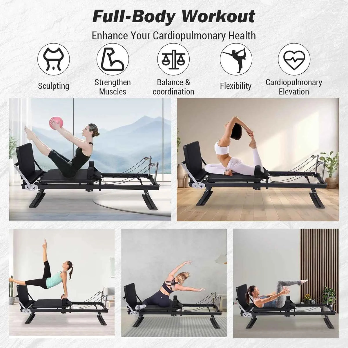 Foldable Reformer Pilates Machine with Adjustable Reformer Heights, Pilates Equipment with Piano Wire Spings and Jump Boards
