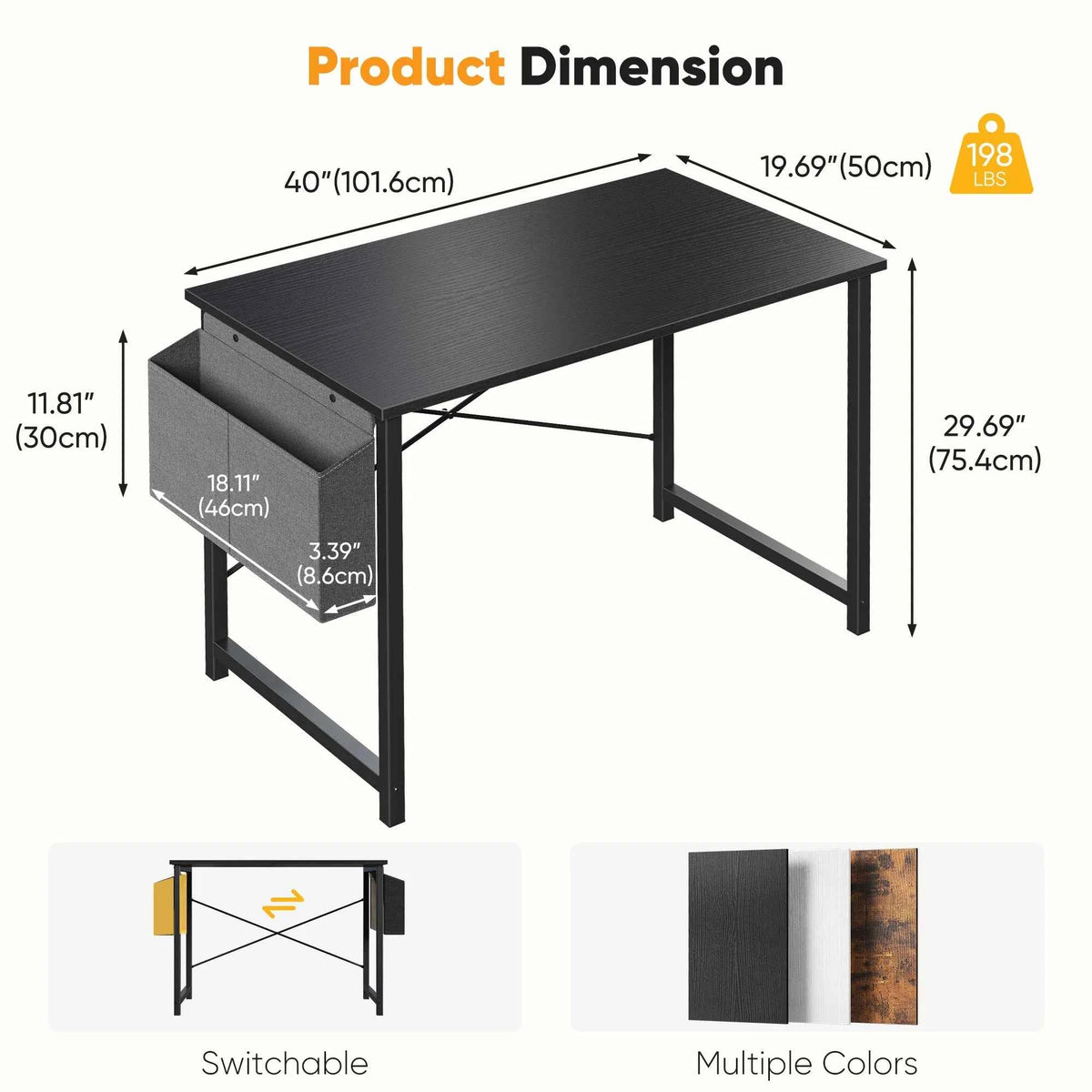 JHK 31IN to 55 Office Desk with Storage Bag. Metal Frame, Wood Tabletop, Easy Assembly