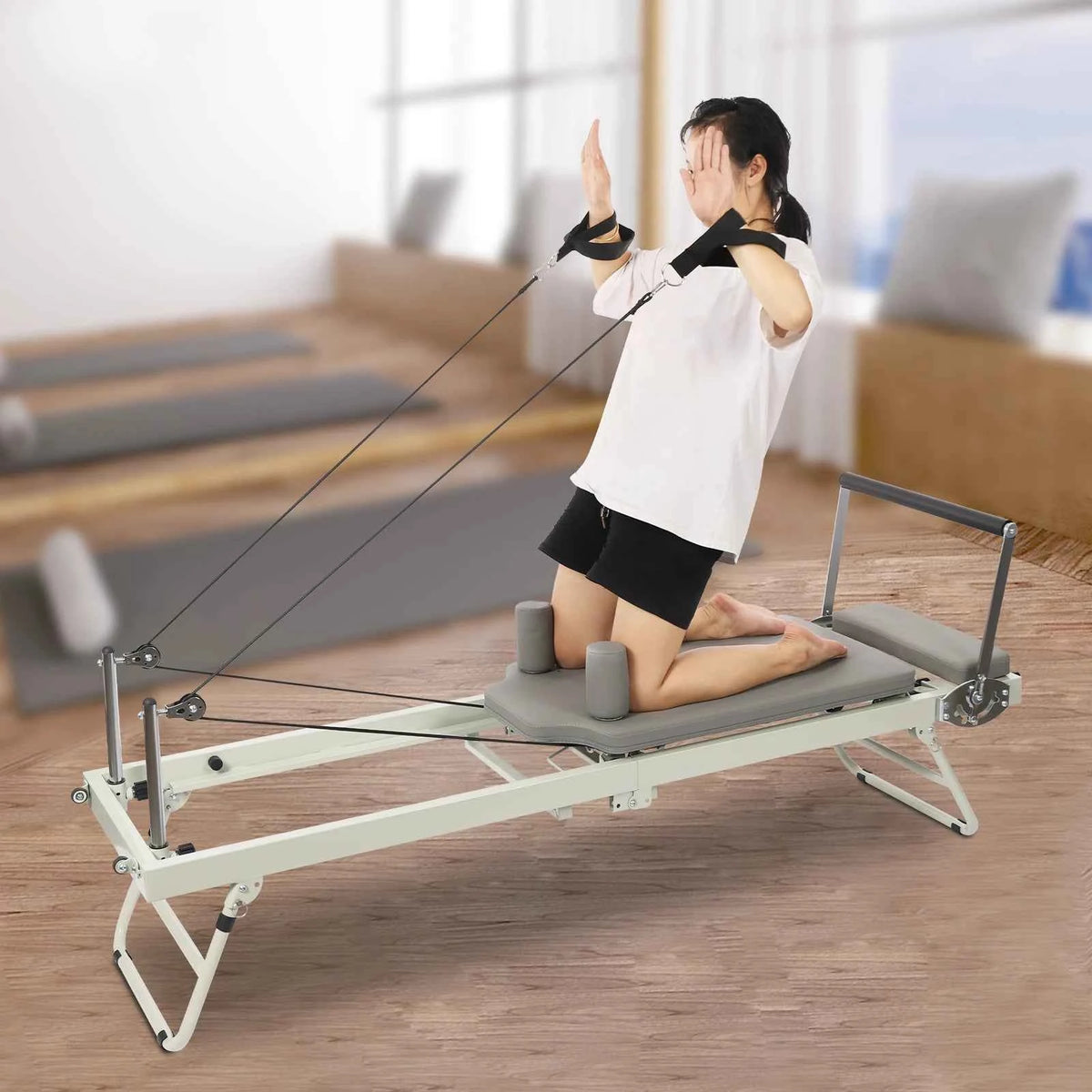 Foldable Pilates Reformer Machine Portable. Multifunctional Yoga Fitness. Grey/Black Use in Homes/Offices/Yoga Studios/Gyms