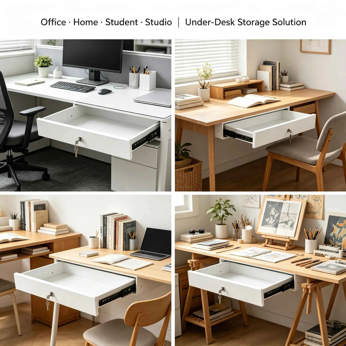 Under Desk Sliding Pull-Out Drawer with Lock & Computer Pad, Under-Mount Storage Organizer for Desks, 18x14x6.9in, White
