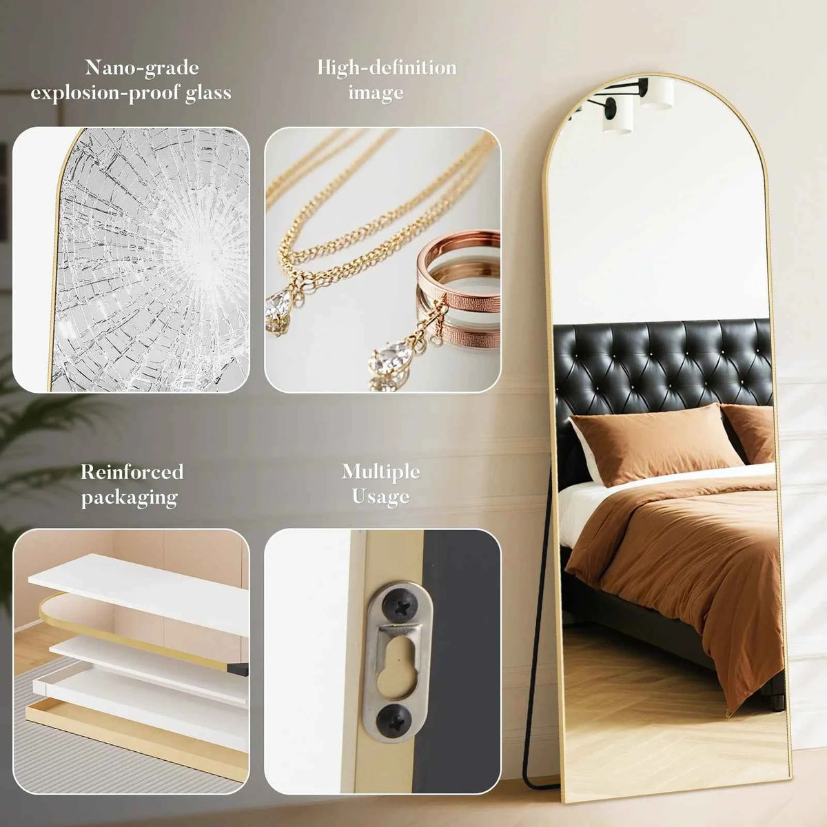 JHK Full Length Mirror with Stand., Tempered Glass, Aluminum Frame for Hanging or Leaning. Full Body.