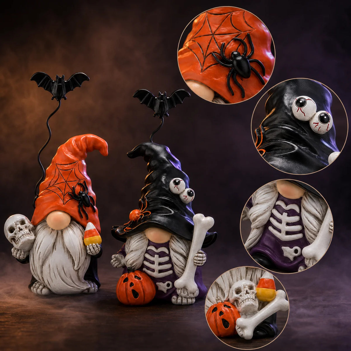 Hodao Resin Halloween Gnome Figurine Set, 2-Piece Pumpkin and Witch Gnome Decor with Spring-Loaded Flying Bat Topper, Skeleton Chest, Skull, Pumpkin and Candy Corn Details, Cute Creepy Hand-Painted Tabletop Ornament