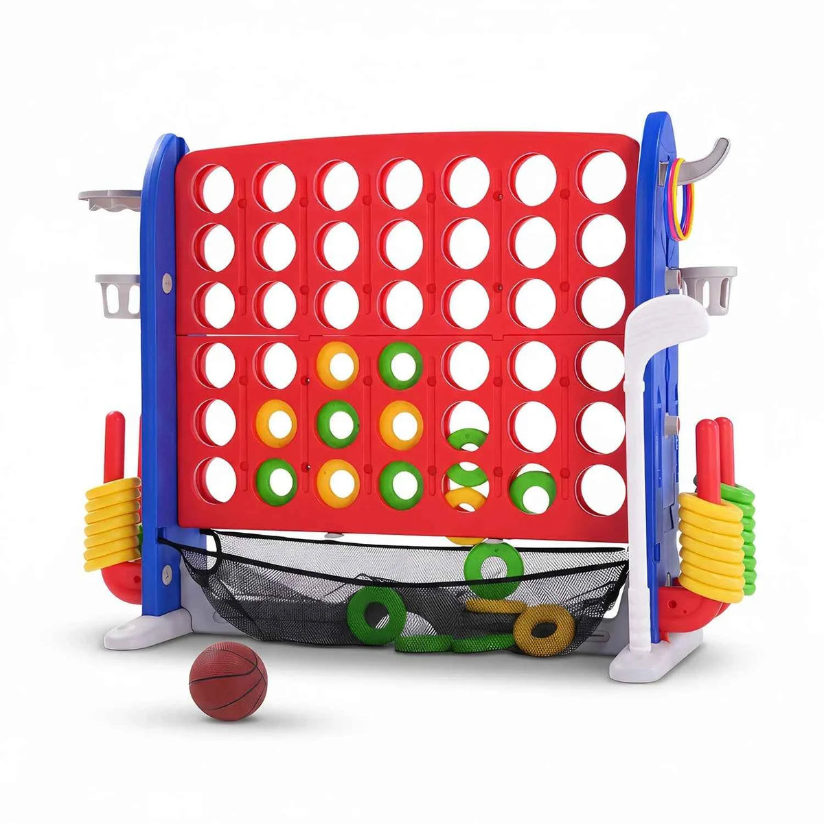 4-in-1 Giant Connect Game Set, Adjustable Height, Basketball Hoop, Ring Toss and Net Jumbo Outdoor Yard Game for Families Events
