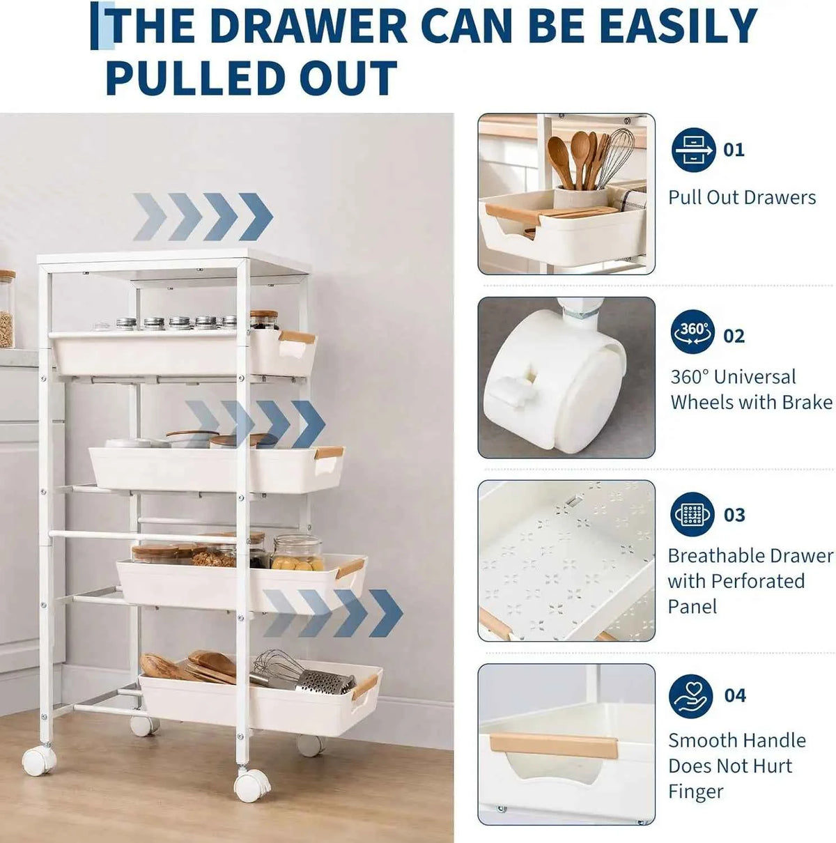 5-Tier Slim Rolling Storage Cart, Narrow Kitchen Cart with Wooden Top and Pull-Out Baskets, Mobile Shelving Unit Organizer for Kitchen, Bathroom, Laundry